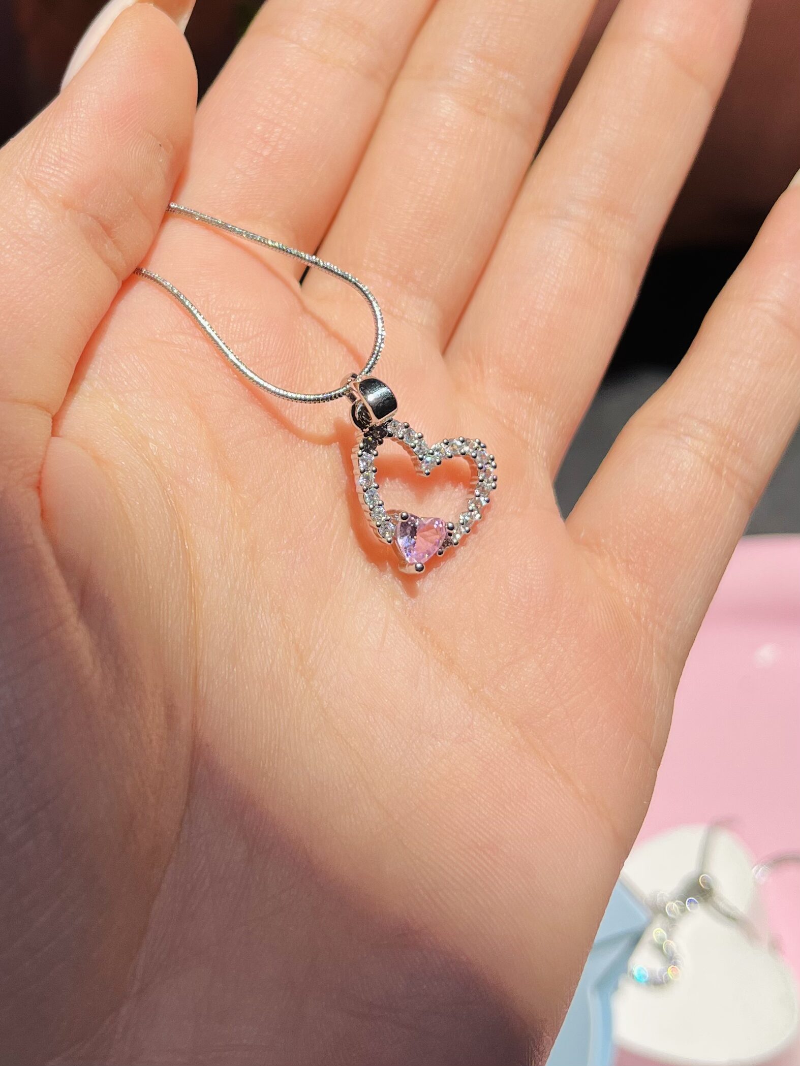 گردنبند طرح قلب نگینی و قلب صورتی کد 2314 - Image 2