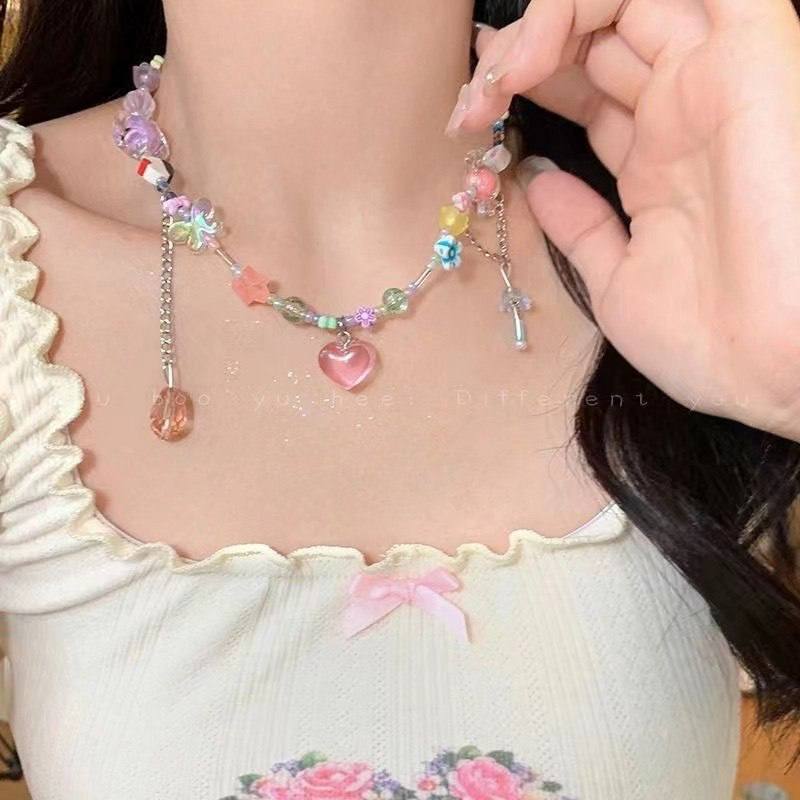 گردنبند آبنباتی رنگارنگ و قلب کریستالی صورتی کد 4057